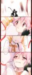 2girls blonde_hair commentary crying crying_with_eyes_open death detached_sleeves dress drill_hair fingerless_gloves gloves gun hair_ribbon hand_on_another&#039;s_face highres kaname_madoka magical_girl mahou_shoujo_madoka_magica multiple_girls oka_(umanihiki) pink_eyes pink_hair pleated_skirt puffy_sleeves red_ribbon ribbon school_uniform skirt tears tomoe_mami twin_drills twintails twitter_username weapon 