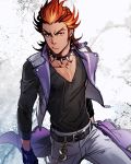  1boy akai_suzaku belt collar fingerless_gloves gloves gold_chain idolmaster idolmaster_side-m iwa_(iwa000ima) looking_at_viewer male_focus multicolored_hair open_clothes open_vest red_eyes redhead sideburns solo spiked_collar spikes spiky_hair two-tone_hair vest 