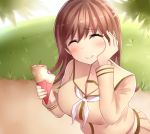  1girl bangs brown_hair closed_eyes commentary_request crepe eating food food_on_face grass hand_on_own_cheek highres holding holding_food kantai_collection long_hair neckerchief neit_ni_sei ooi_(kantai_collection) park path remodel_(kantai_collection) road school_uniform serafuku smile solo tree 