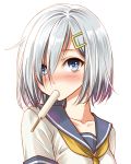  1girl blue_eyes hair_ornament hair_over_one_eye hairclip hamakaze_(kantai_collection) kantai_collection popsicle school_uniform serafuku short_hair silver_hair solo u0709 