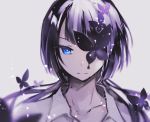  1girl black_hair blue_eyes blurry borrowed_character butterfly collarbone depth_of_field expressionless grey_background highres hijiri_(resetter) long_hair looking_at_viewer original portrait simple_background sketch solo 