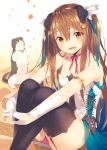  1girl :d animal animal_ears armlet bangs black_legwear blue_ribbon brown_hair cat cat_hair_ornament choker collarbone cross-laced_clothes dress garter_straps gloves hair_between_eyes hair_ornament hair_ribbon head_tilt interlocked_fingers katou_itsuwa lace_trim long_hair looking_at_viewer on_ground open_mouth orange_eyes original own_hands_together panties pantyshot pantyshot_(sitting) pavement petals red_panties red_ribbon ribbon ribbon_choker shade sitting sleeveless smile solo two_side_up underwear white_gloves 