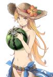  1girl am belt bikini breasts brown_eyes collarbone flower food fruit granblue_fantasy hat hat_flower holding holding_fruit long_hair looking_at_viewer mary_(granblue_fantasy) midriff navel off_shoulder orange_hair parted_lips sarong solo straw_hat striped striped_bikini swimsuit watermelon 