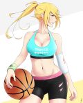  1girl absurdres bakemonogatari bare_shoulders basketball blonde_hair breasts cleavage collarbone highres j_adsen kiss-shot_acerola-orion_heart-under-blade large_breasts long_hair midriff monogatari_(series) navel oshino_shinobu pointy_ears ponytail solo standing tank_top wristband yellow_eyes 