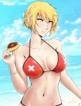  1girl absurdres beach blonde_hair breasts cleavage doughnut food highres j_adsen kiss-shot_acerola-orion_heart-under-blade looking_at_viewer monogatari_(series) oshino_shinobu pointy_ears short_hair solo yellow_eyes 