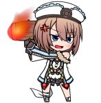  1girl anger_vein bare_shoulders blanc blue_eyes blush brown_hair chibi fire hammer hat neptune_(series) open_mouth short_hair solo yuururi 