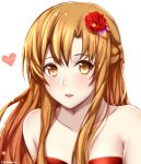  1girl artist_name asuna_(sao) bare_shoulders blush breasts brown_eyes brown_hair character_name flower hair_flower hair_ornament heart highres long_hair looking_at_viewer open_mouth solo sword_art_online teeth upper_body white_background yeoohdam 