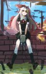  1girl between_legs blonde_hair brick_wall commentary_request hand_between_legs kantai_collection kneehighs lansane long_hair looking_at_viewer red_eyes remodel_(kantai_collection) scarf sitting smile solo yuudachi_(kantai_collection) 