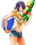  1girl ball beachball bikini_bottom bikini_top button_fly commentary_request eyepatch fang front-tie_top grin gun holding holding_ball holding_gun holding_weapon kantai_collection looking_at_viewer low_twintails midriff navel open_clothes open_fly open_mouth open_shorts purple_hair shirt shorts sketch smile solo super_soaker takanitsuki tenryuu_(kantai_collection) tied_shirt twintails water_gun weapon yellow_eyes 