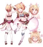  1girl animal_ears bare_shoulders belt blonde_hair breastplate breasts brown_eyes cat_ears cat_print cat_tail cleavage closed_eyes collarbone face frills from_behind full_body gloves hair_between_eyes hairband highres knee_pads looking_at_viewer multiple_views navel open_mouth original panties paw_pose petting pomon_illust sheath sheathed shoes short_hair shoulder_blades showgirl_skirt simple_background sweatdrop sword tail thigh-highs thigh_gap thigh_strap underwear weapon white_background white_legwear 