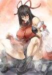  1girl bare_shoulders black_hair blush boots breasts detached_sleeves hachimaki hair_ribbon headband large_breasts leotard long_hair looking_at_viewer m.u.g.e.n original red_eyes ribbon sendai_hakurei_no_miko skirt skirt_lift solo steam thick_thighs thighs touhou yohane 