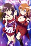  2girls absurdres animal_ears blue_eyes blush boots breasts brown_eyes brown_hair charlotte_e_yeager cleavage collarbone gertrud_barkhorn grin highres holding_hands interlocked_fingers large_breasts looking_at_viewer medal microphone multiple_girls official_art one_eye_closed orange_hair rabbit_ears smile spotlight strike_witches sweatdrop tail teeth 