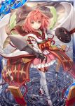  1girl akkijin card evil_smile hair_ornament japanese_clothes looking_at_viewer mountain orange_eyes pagoda pink_hair shield shinkai_no_valkyrie smile solo sunset sword thigh-highs water weapon 