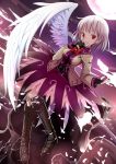  1girl bangs belt black_gloves boots bow brooch dress feathered_wings feathers fingerless_gloves full_body givuchoko gloves jacket jewelry jpeg_artifacts kishin_sagume looking_at_viewer night night_sky open_clothes open_jacket outdoors petticoat purple_dress red_bow red_eyes short_hair silver_hair single_wing sky solo touhou white_wings wings 