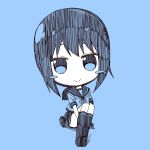  1girl :&gt; bangs black_hair blue_background blush_stickers chibi closed_mouth fubuki_(kantai_collection) full_body kantai_collection kneehighs kouji_(campus_life) looking_at_viewer low_ponytail monochrome school_uniform serafuku short_hair simple_background sitting skirt smile solo 