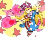  1girl american_flag_legwear american_flag_shirt blonde_hair clownpiece hat jester_cap kan_(aaaaari35) long_hair open_hands red_eyes solo striped striped_legwear torch touhou 