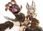  1girl animal_ears arm_support arm_up bangs belt boots breasts brown_eyes center_opening claw_(weapon) collar elbow_gloves erun_(granblue_fantasy) eyebrows eyebrows_visible_through_hair flipped_hair gloves granblue_fantasy hair_between_eyes hip_vent hood long_hair looking_at_viewer miniskirt one_eye_closed oversized_object paw_gloves pleated_skirt sen_(granblue_fantasy) silver_hair sitting skirt smile solo touzai_(poppin_phl95) under_boob waving weapon white_background 