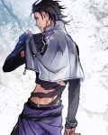  1boy black_hair bracelet capelet cowboy_shot exposed_muscle fingerless_gloves glasses gloves hair_slicked_back idolmaster idolmaster_side-m iwa_(iwa000ima) jewelry kurono_genbu looking_at_viewer looking_back male_focus sash solo spiky_hair torn_clothes 
