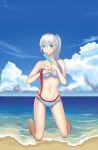  1girl absurdres beach bird blue_eyes breasts cleavage clouds dripping groin highres kneeling looking_at_viewer navel ponytail popsicle rwby scar scar_across_eye solo swimsuit tongue tongue_out water weiss_schnee white_hair zhao_shixuan 