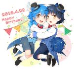  2016 2boys :d animal_ears black_hair blue_hair bow bowtie brown_eyes chestnut_mouth child coattails dated dog_ears dog_tail dramatical_murder fang happy_birthday hat highres kneehighs kuronohana male_focus mini_hat mini_top_hat multiple_boys open_mouth ren_(dramatical_murder) seragaki_aoba shorts smile sparkle star string_of_flags tail top_hat waistcoat white_legwear yellow_eyes younger 