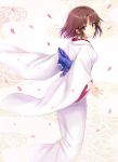  1girl brown_eyes brown_hair cherry_blossoms commentary_request from_behind harimoji highres japanese_clothes kara_no_kyoukai kimono long_sleeves looking_at_viewer open_mouth ryougi_shiki sash short_hair solo wide_sleeves 