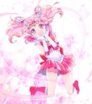  1girl :d bishoujo_senshi_sailor_moon boots bow brooch chibi_usa double_bun elbow_gloves full_body gloves hair_ornament hairpin hands_on_own_face happy jewelry jumping knee_boots magical_girl open_mouth pink_background pink_boots pink_hair pink_skirt pleated_skirt red_bow red_eyes sailor_chibi_moon saki_(hxaxcxk) short_hair skirt smile solo tiara twintails white_background white_gloves 