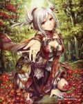  1girl arm_support breasts cleavage cleavage_cutout flower forest gabiran kneeling looking_at_viewer nature official_art outstretched_arm ponytail ponytail_holder red_eyes smile solo tenkuu_no_crystalia tree white_hair 