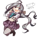  1girl ahoge artist_name blush bow bowtie commentary_request darkside dress grey_eyes grey_hair kantai_collection kiyoshimo_(kantai_collection) long_hair low_twintails open_mouth outstretched_arm pantyhose shirt sleeveless sleeveless_dress solo twintails white_background white_shirt 