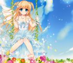  1girl absurdres ame_to_yuki artist_name blonde_hair blue_eyes blue_ribbon breasts cleavage dress flower frilled_dress frills hair_ribbon highres jewelry long_hair looking_at_viewer necklace original ribbon sky smile solo white_dress wings 