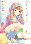  1girl barefoot bekkourico brown_eyes brown_hair hood hoodie idolmaster idolmaster_cinderella_girls kitami_yuzu loungewear pina_korata short_hair smile solo striped_hoodie striped_shorts 