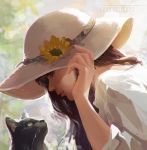  1girl artist_name brown_hair cat chibi-oneechan eye_contact flower from_side hand_on_headwear hat highres long_hair looking_at_another looking_down looking_up original profile realistic sun_hat yellow_eyes 