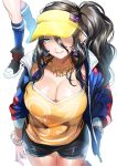  1girl black_hair bracelet breasts camisole cleavage from_above green_eyes hair_between_eyes jacket jewelry large_breasts lips long_hair looking_at_viewer mole mole_under_eye necklace original parted_lips shorts side_ponytail solo_focus visor_cap wavy_hair yan&#039;yo_(yan&#039;yan&#039;yo) 