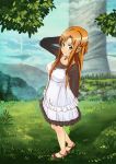  1girl absurdres asuna_(sao) atlas_(pixiv18015528) breasts brown_eyes brown_hair casual clouds dress grass hand_in_hair highres long_hair looking_at_viewer smile solo sword_art_online tree 