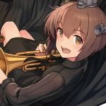  1girl alternate_costume blush bob_cut brown_eyes brown_hair dress from_above headgear instrument kantai_collection looking_at_viewer looking_back looking_up lowres official_art open_mouth shizuma_yoshinori short_hair sitting smile solo trumpet yukikaze_(kantai_collection) 