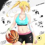  1girl absurdres bakemonogatari bare_shoulders basketball blonde_hair breasts cleavage collarbone english highres j_adsen kiss-shot_acerola-orion_heart-under-blade large_breasts long_hair midriff monogatari_(series) navel oshino_shinobu pointy_ears ponytail solo standing tank_top wristband yellow_eyes 