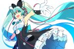  1girl dress gloves green_eyes green_hair hatsune_miku headphones long_hair looking_at_viewer nasubi_(w.c.s) necktie open_mouth outstretched_arm solo twintails very_long_hair vocaloid 