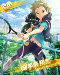  1boy ball building card_(medium) character_name clouds cloudy_sky hairband hood hooded_jacket idolmaster idolmaster_side-m jacket jumping male_focus mitarai_shouta navel official_art open_clothes open_jacket racket shoes shorts sky sneakers solo spandex tennis_ball tennis_court tennis_racket tree 