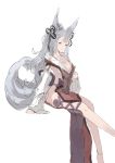  1girl akiha_(attract) animal_ears blue_eyes breasts cleavage detached_sleeves fur_trim granblue_fantasy pelvic_curtain sideboob silver_hair simple_background sitting socie_(granblue_fantasy) solo tail white_background wide_sleeves 