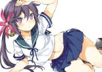  1girl akebono_(kantai_collection) arm_support bell collarbone flower hair_bell hair_between_eyes hair_flower hair_ornament hand_on_head jingle_bell kantai_collection long_hair looking_at_viewer lying midriff navel on_side pleated_skirt purple_hair sailor_collar school_uniform serafuku shimeji_(4_me_ji) short_sleeves side_ponytail skirt solo violet_eyes white_background 