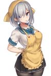 1girl adjusting_clothes apron black_skirt blue_eyes breasts from_side hair_over_one_eye hamakaze_(kantai_collection) impossible_clothes kantai_collection large_breasts looking_at_viewer miniskirt open_mouth pleated_skirt school_uniform serafuku short_hair silver_hair simple_background skirt solo towel towel_on_head yamaarashi 