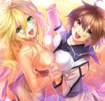  2girls ayase_kasumi blonde_hair breast_press breasts brown_eyes brown_hair dies_irae green_eyes heart holding_hands large_breasts long_hair marie_(dies_irae) mia_(gute-nacht-07) multiple_girls open_mouth short_hair smile symmetrical_docking 
