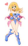  1girl :d bare_shoulders blonde_hair blue_boots blush_stickers boots bracer breasts chiyo_(no3baki) choker cleavage commentary_request dark_magician_girl duel_monster full_body green_eyes heart knees_together_feet_apart large_breasts long_hair looking_at_viewer no_hat open_mouth pentacle smile solo staff yuu-gi-ou yuu-gi-ou_duel_monsters 
