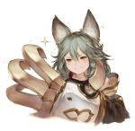  1girl animal_ears blush claw_(weapon) claws granblue_fantasy grey_hair hair_between_eyes junwool orange_eyes revision sen_(granblue_fantasy) simple_background smile solo sparkle upper_body weapon white_background 