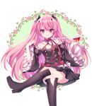  1girl absurdres alcohol artist_name bare_shoulders black_dress black_legwear blush boots crossed_legs cup detached_sleeves dress drinking_glass flower frills hair_between_eyes highres krul_tepes long_hair long_sleeves looking_at_viewer owari_no_seraph pink_hair red_eyes ribbon sasucchi95 sitting smile solo thigh-highs thigh_boots transparent_background very_long_hair wide_sleeves wine wine_glass 