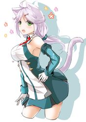  1girl :d animal_ears arm_at_side armpits blush bouncing_breasts breasts cat_ears cat_tail collar contrapposto cowboy_shot cropped_legs detached_sleeves fatkewell green_eyes hair_ornament hairclip hand_on_hip highres impossible_clothes impossible_shirt lavender_hair lips long_sleeves looking_at_viewer motion_lines necktie open_mouth original red_necktie sharon_catiey shirt sideboob silhouette sketch smile solo tail 