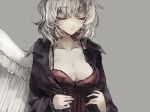  1girl bangs breasts cleavage closed_eyes collarbone feathered_wings grey_hair hisona_(suaritesumi) kishin_sagume lingerie long_sleeves negligee open_clothes open_shirt purple_shirt shirt short_hair simple_background single_wing solo touhou underwear upper_body white_wings wings 