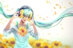  1girl aqua_hair arms_up artist_name bare_shoulders blue_shirt closed_eyes closed_mouth collarbone commentary floating_hair flower hair_flower hair_ornament hand_on_headphones hatsune_miku headphones lips long_hair long_sleeves motion_blur off-shoulder_shirt petals shirt smile solo sunflower_petals twintails upper_body vocaloid watermark web_address wenqing_yan wind 