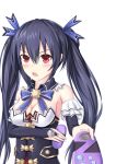  1girl bare_shoulders black_hair breasts cleavage controller game_controller hair_ornament highres long_hair looking_at_viewer muwa12 neptune_(series) noire open_mouth red_eyes ribbon solo twintails very_long_hair 