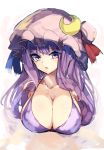  1girl bei_mochi bikini blush breasts cleavage hat highres large_breasts long_hair mob_cap open_mouth patchouli_knowledge purple_bikini purple_hair simple_background sketch solo swimsuit touhou violet_eyes white_background 