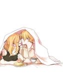  2girls blonde_hair breasts cleavage coke coke_bottle cup darjeeling food girls_und_panzer incipient_kiss kay_(girls_und_panzer) long_hair lowres multiple_girls pajamas sketch teacup under_covers uuron_(u_ronnn) white_background yuri 